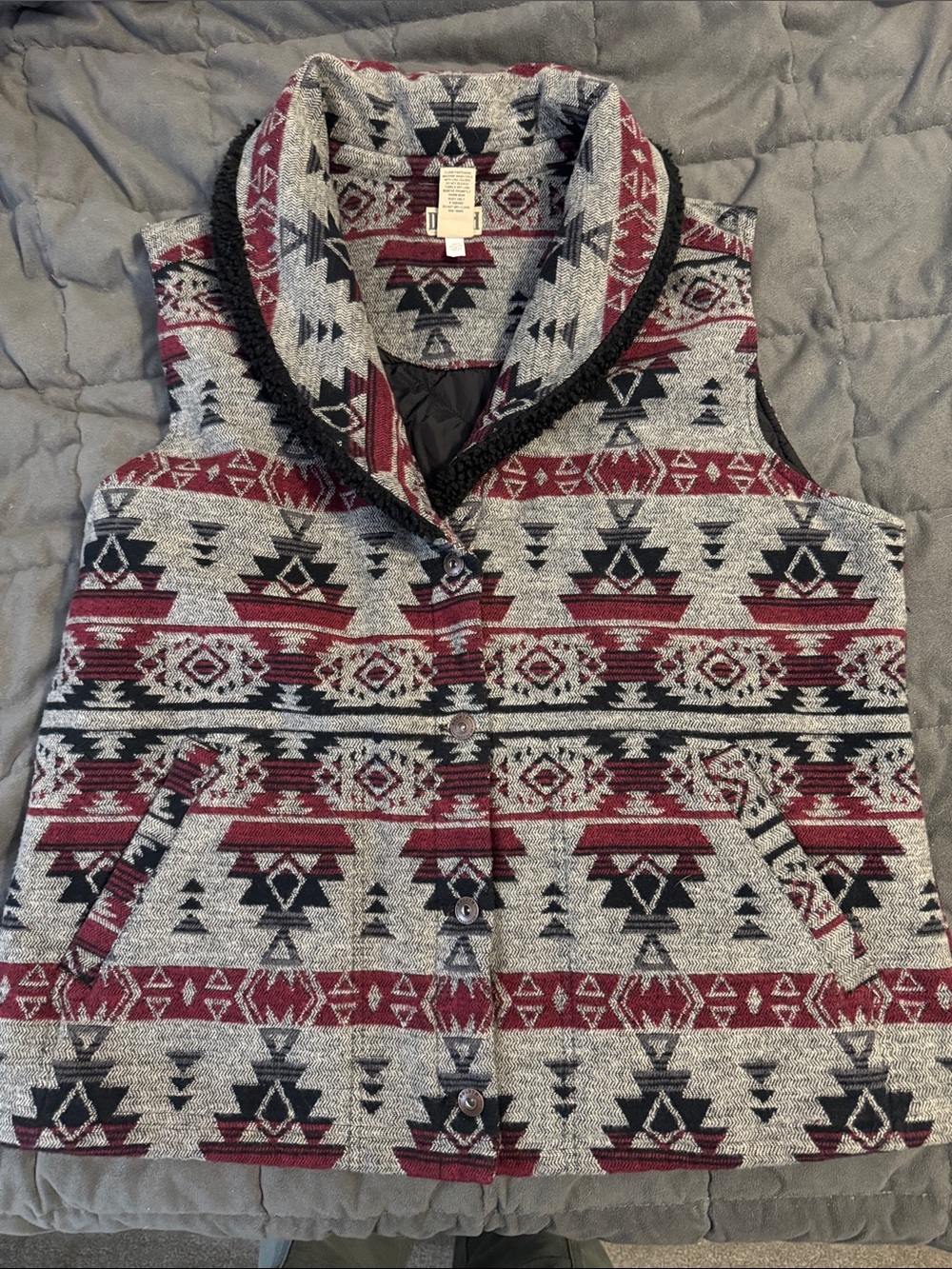 Duluth Trading Co Gray and Burgundy Aztec Shawl-Collar FestiVest